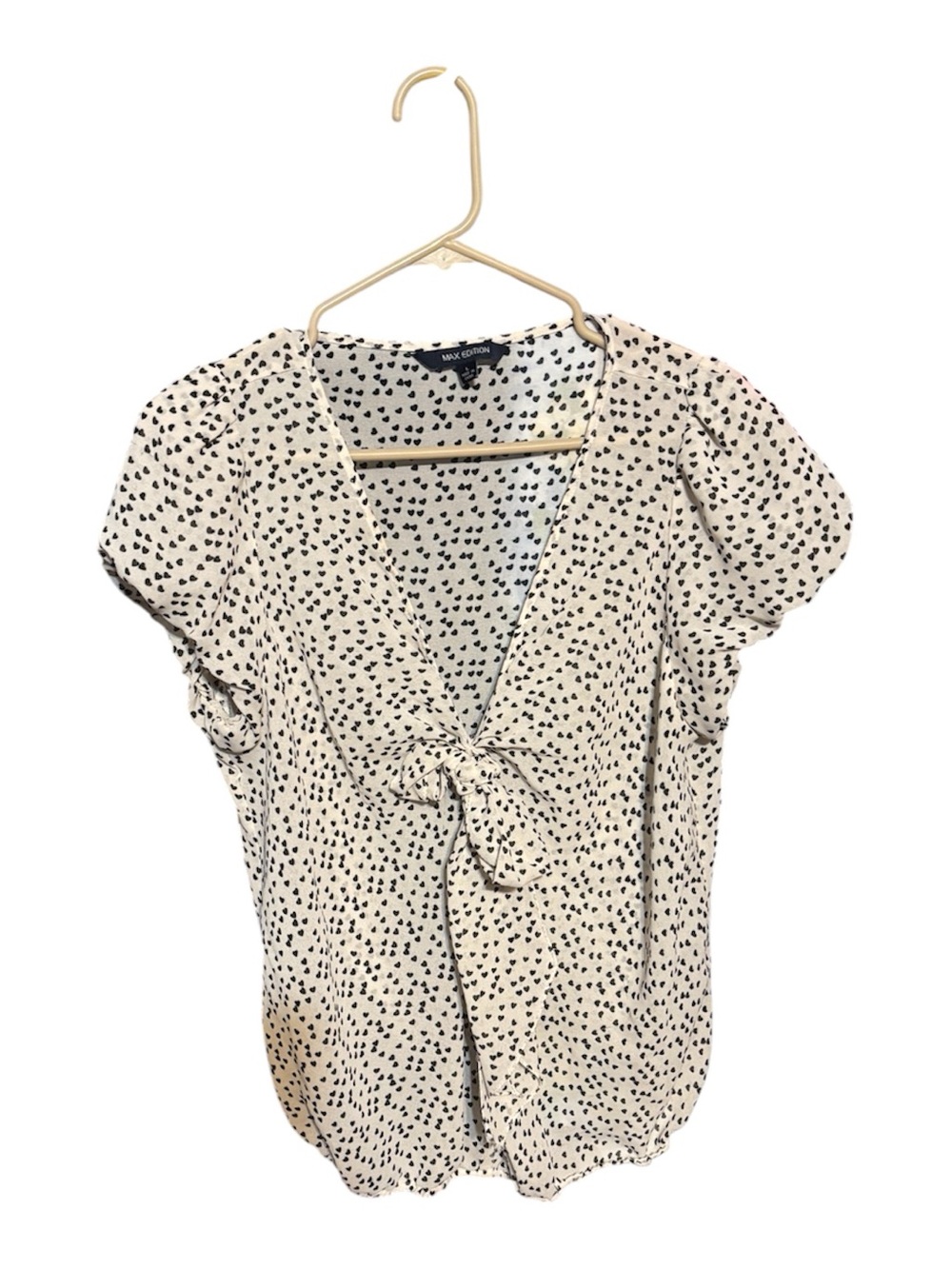 Max Edition Top Womens Large Cream Heart Polka Dot Sheer Tie Front Bow